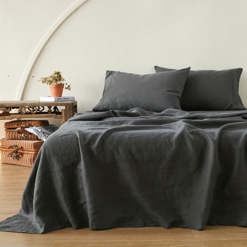 Simple&Opulence 100% Linen Fitted Sheet King(1 Piece), 14 Inch Deep Pocket Mattress Cover Natural French Flax Stone Washed Farmhouse Soft Breathable Bottom Sheets-Charcoal Grey - Image 4